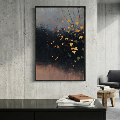 Autumn Leaves Branches Moody Painting framed canvas wall art print in a gallery-style display