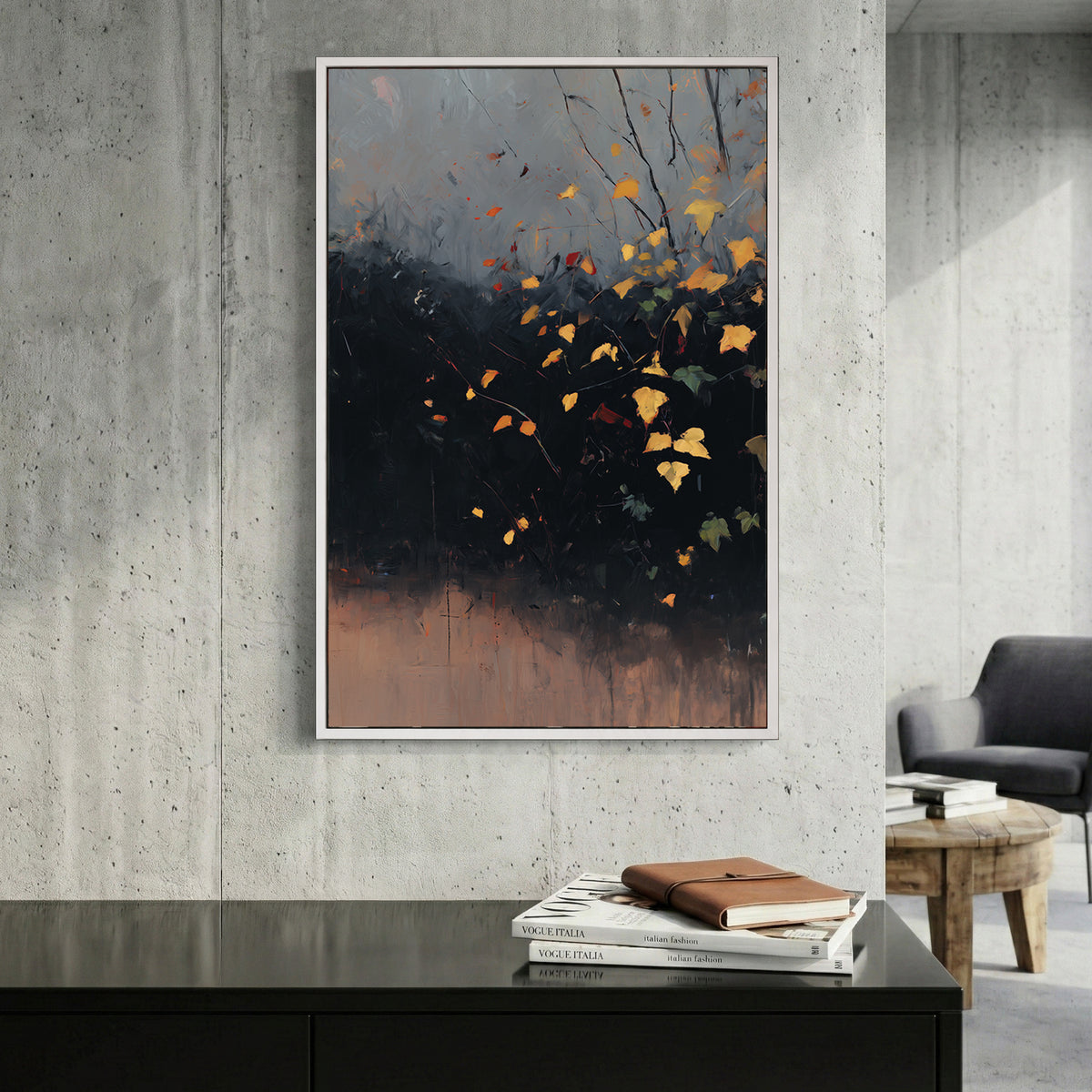 Autumn Leaves Branches Moody Painting canvas wall art print displayed in a styled living room