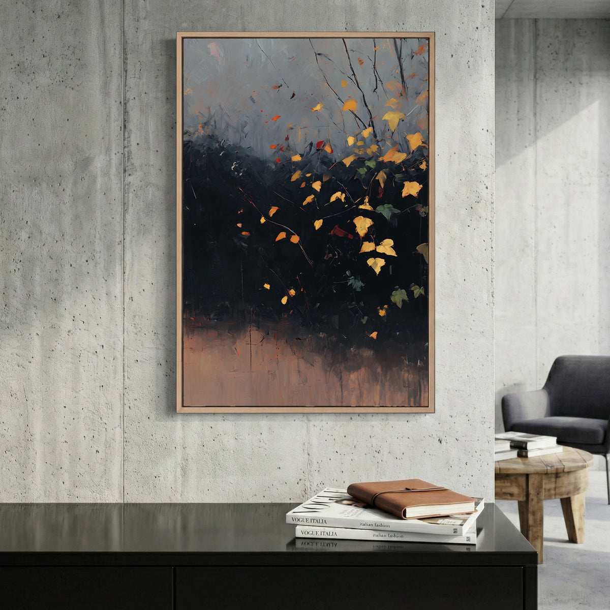 Autumn Leaves Branches Moody Painting canvas wall art print displayed in a styled living room