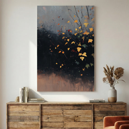 Autumn Leaves Branches Moody Painting canvas wall art print displayed in a styled living room