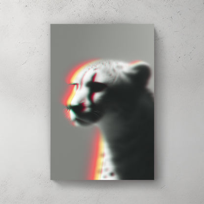 Cheetah portrait in black and white with chromatic aberration, red and teal RGB shift, faded background — canvas wall art print