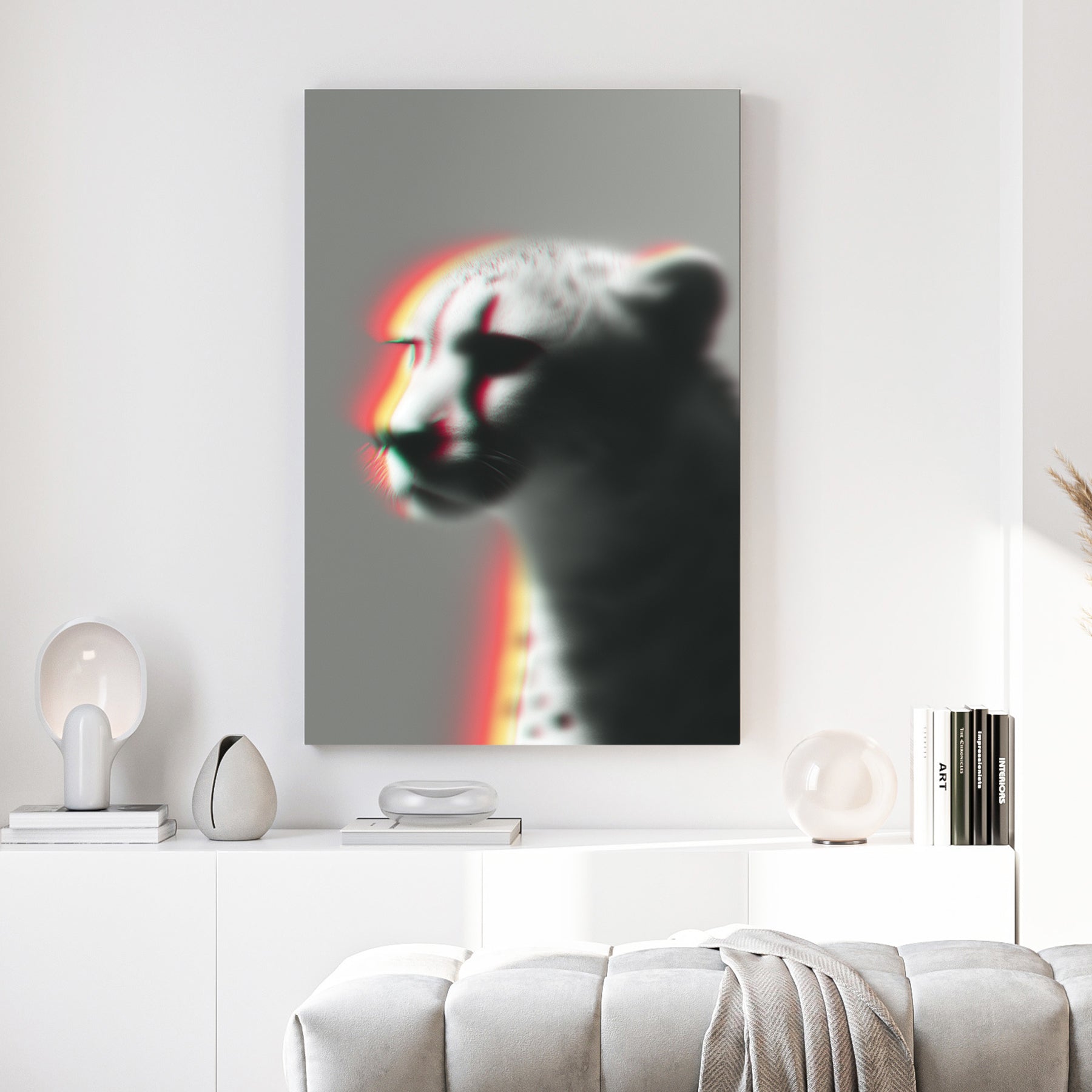 Cheetah Portrait Chromatic canvas wall art print above a sofa in a contemporary living room