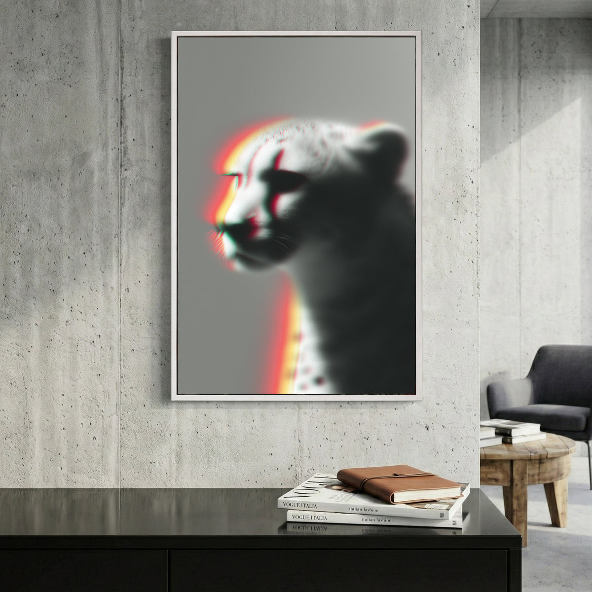 Cheetah Portrait Chromatic canvas wall art print displayed in a styled living room