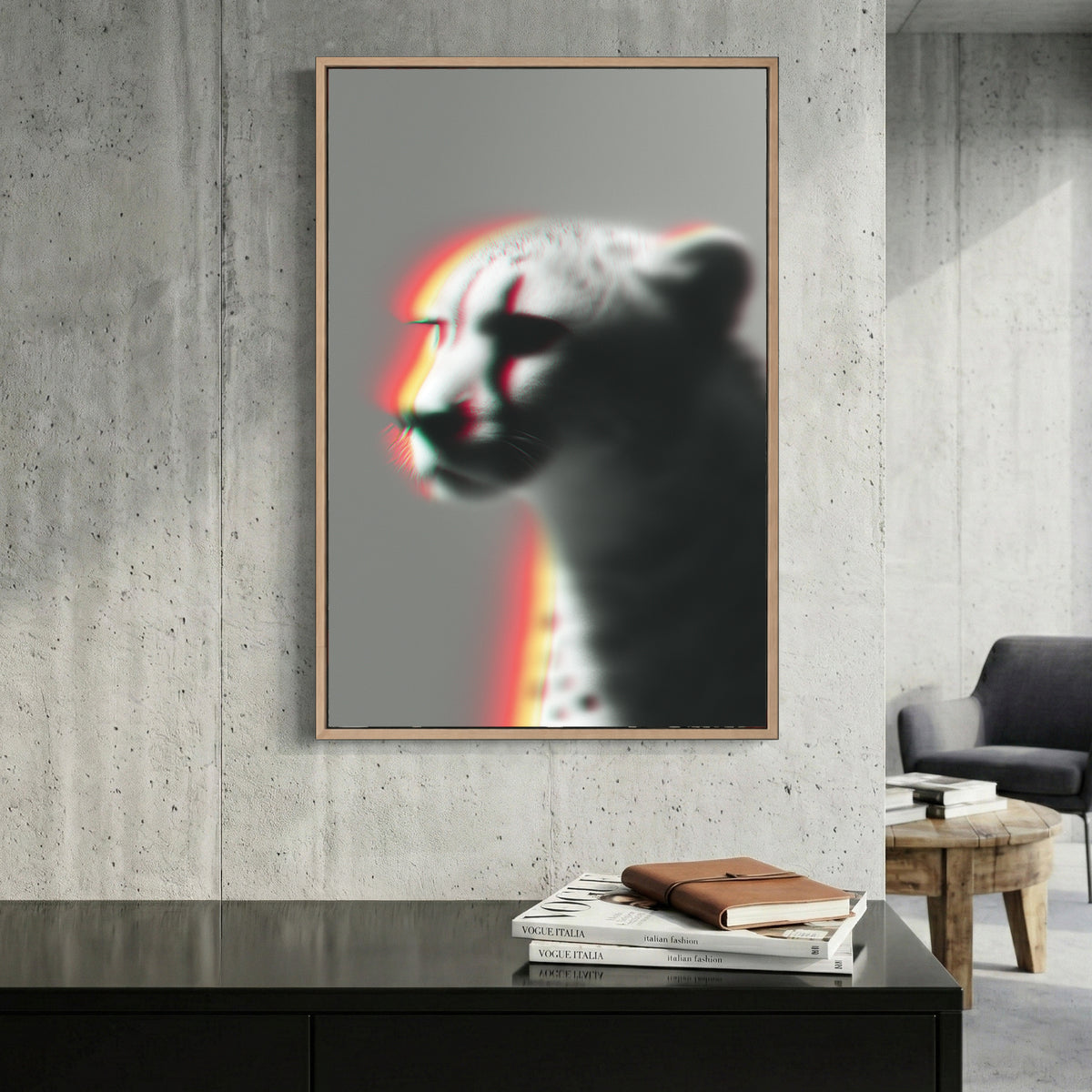 Cheetah Portrait Chromatic canvas wall art print displayed in a styled living room