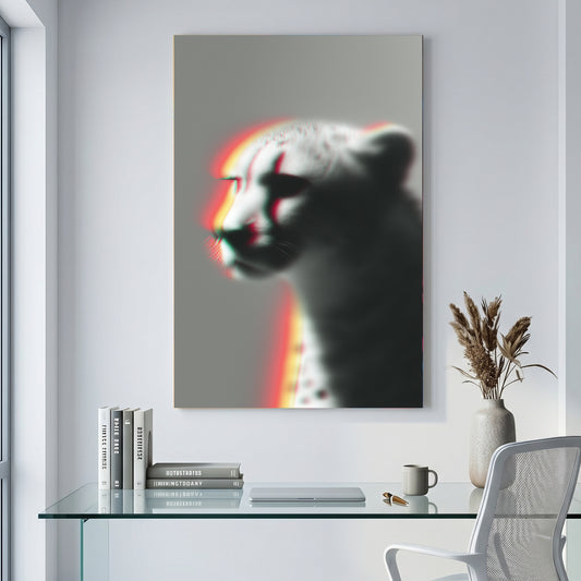 Cheetah Portrait Chromatic canvas wall art print displayed in a styled living room