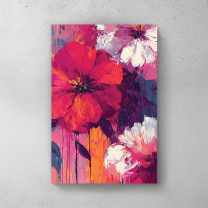 Pink, red, and white peony-style flowers, palette knife paint texture, drips, deep magenta and orange tones — canvas wall art print