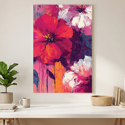 Pink Red Floral Bloom Painting canvas wall art print styled in a modern interior