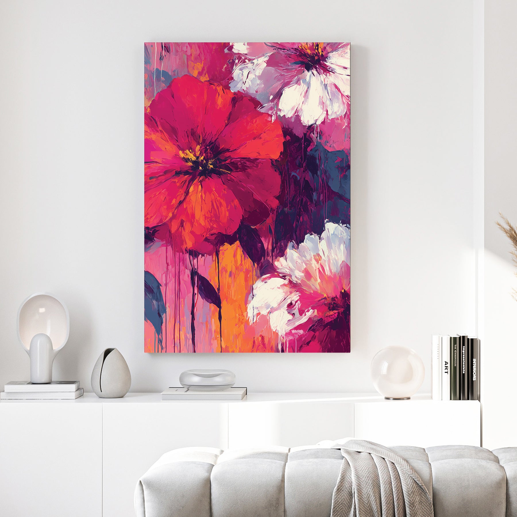 Pink Red Floral Bloom Painting canvas wall art print above a sofa in a contemporary living room