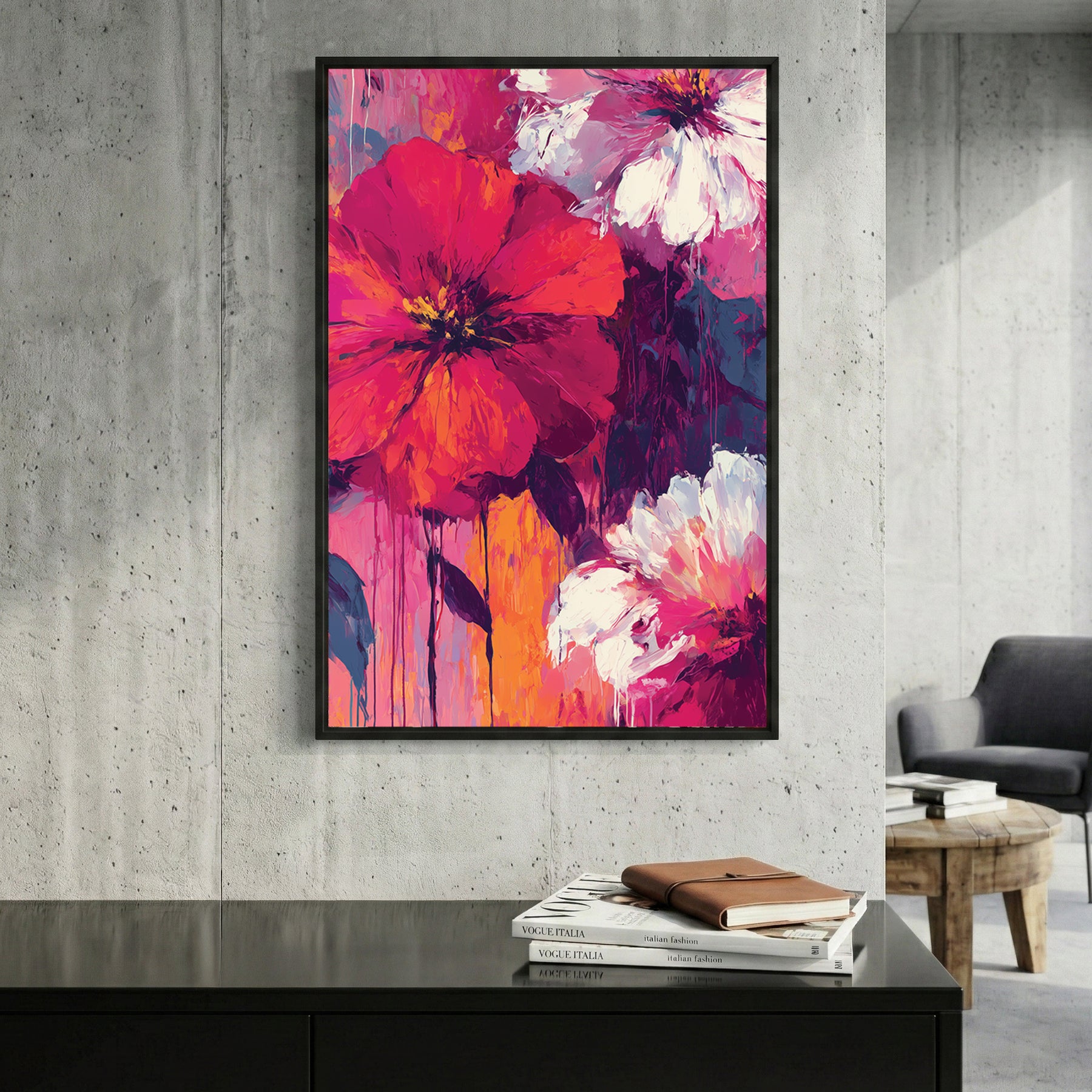 Pink Red Floral Bloom Painting framed canvas wall art print in a gallery-style display