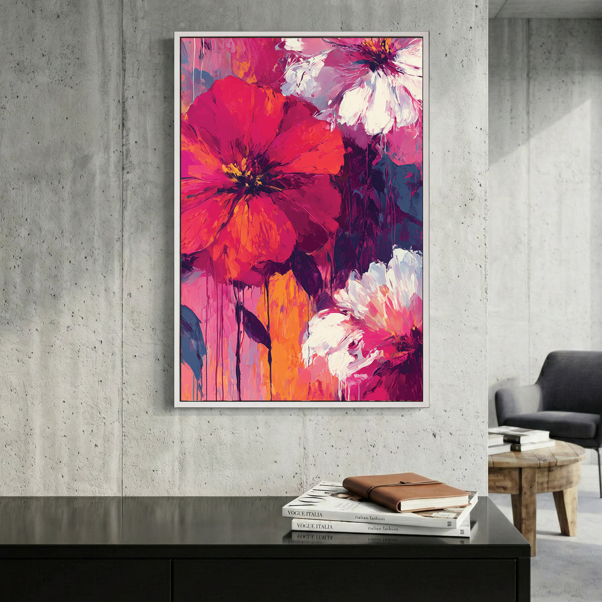 Pink Red Floral Bloom Painting canvas wall art print displayed in a styled living room