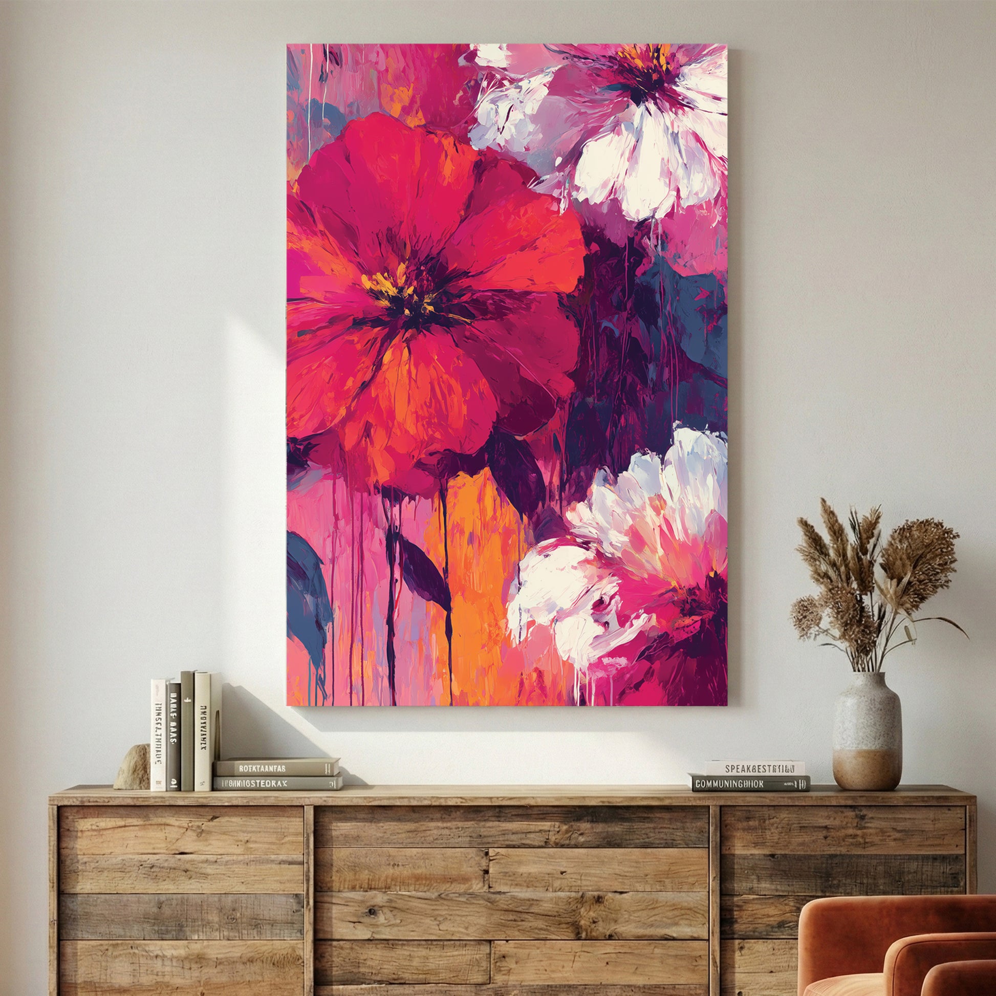 Pink Red Floral Bloom Painting canvas wall art print displayed in a styled living room