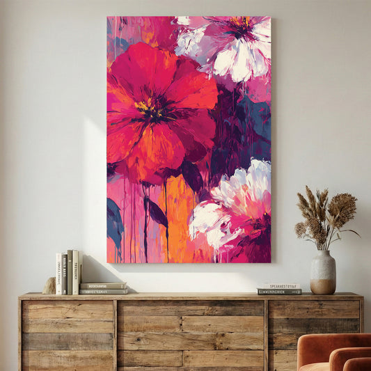 Pink Red Floral Bloom Painting canvas wall art print displayed in a styled living room