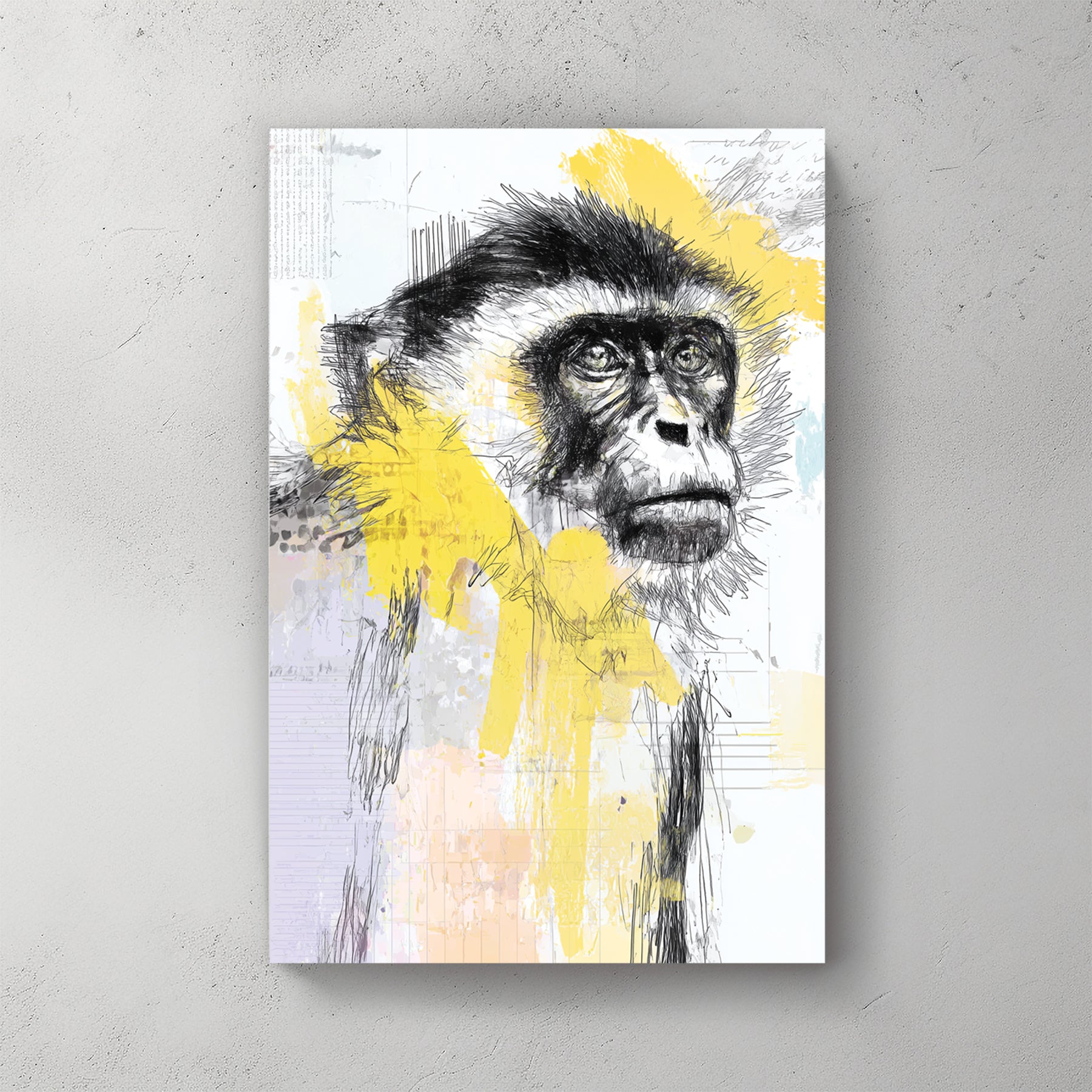 Monkey portrait, sketch with grey ink, yellow splatter, pastel accents — canvas wall art print