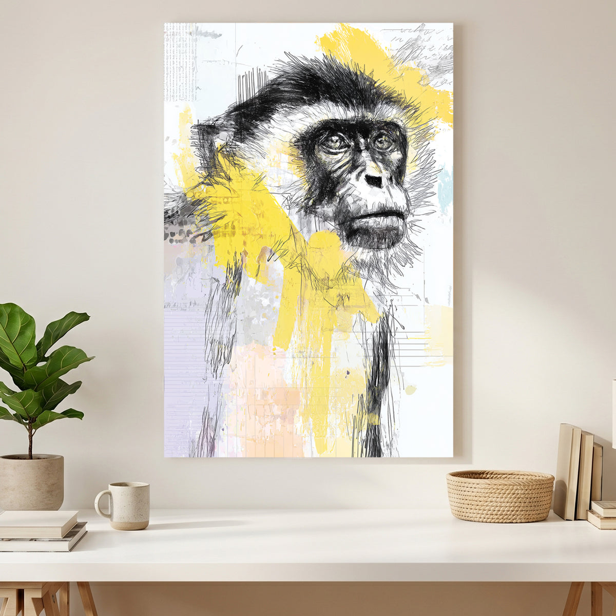 Monkey Portrait Sketch canvas wall art print styled in a modern interior
