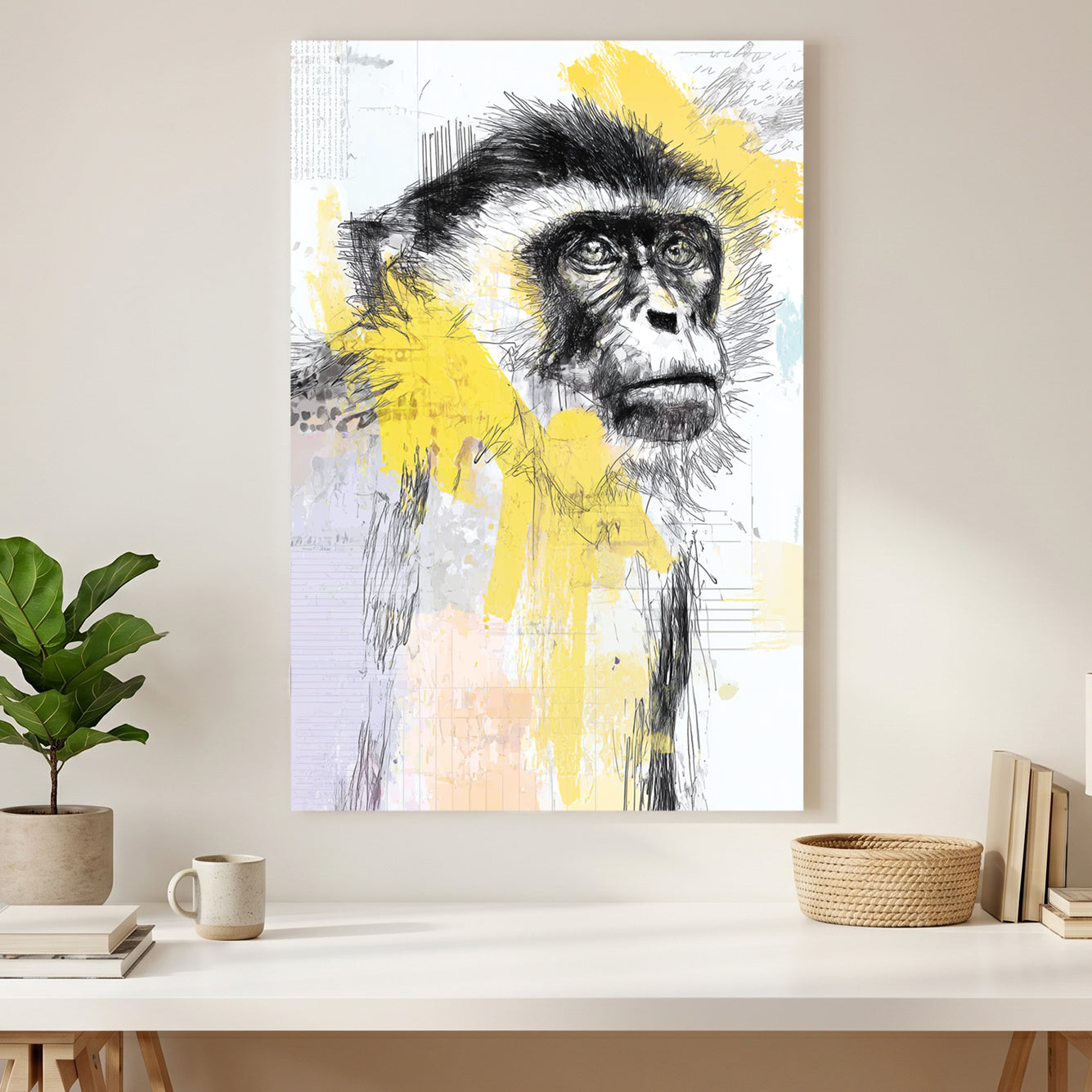 Monkey Portrait Sketch canvas wall art print styled in a modern interior