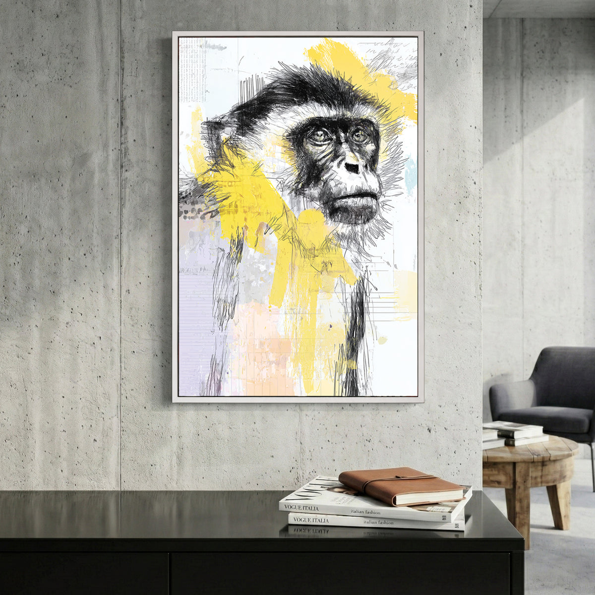 Monkey Portrait Sketch canvas wall art print displayed in a styled living room