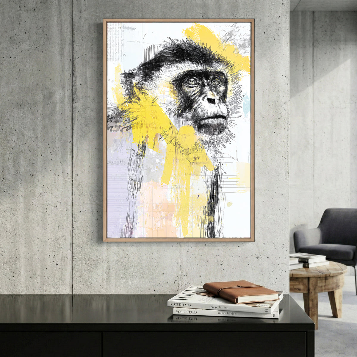 Monkey Portrait Sketch canvas wall art print displayed in a styled living room
