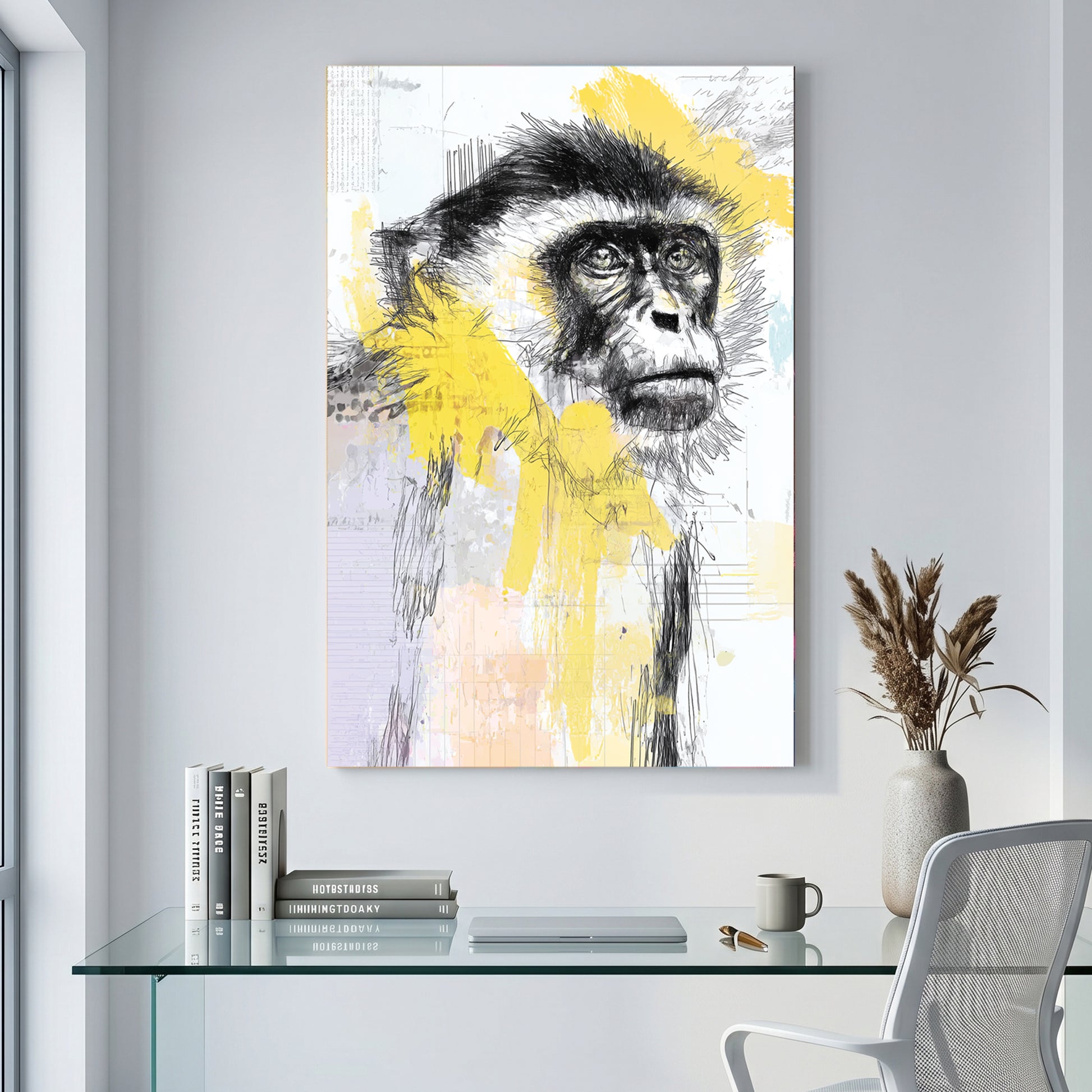 Monkey Portrait Sketch canvas wall art print displayed in a styled living room