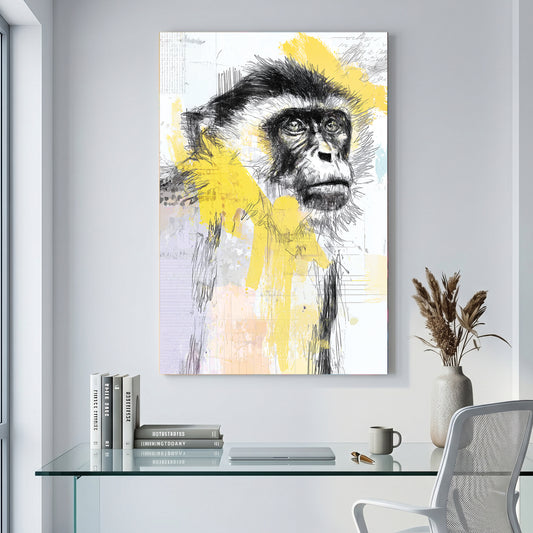 Monkey Portrait Sketch canvas wall art print displayed in a styled living room