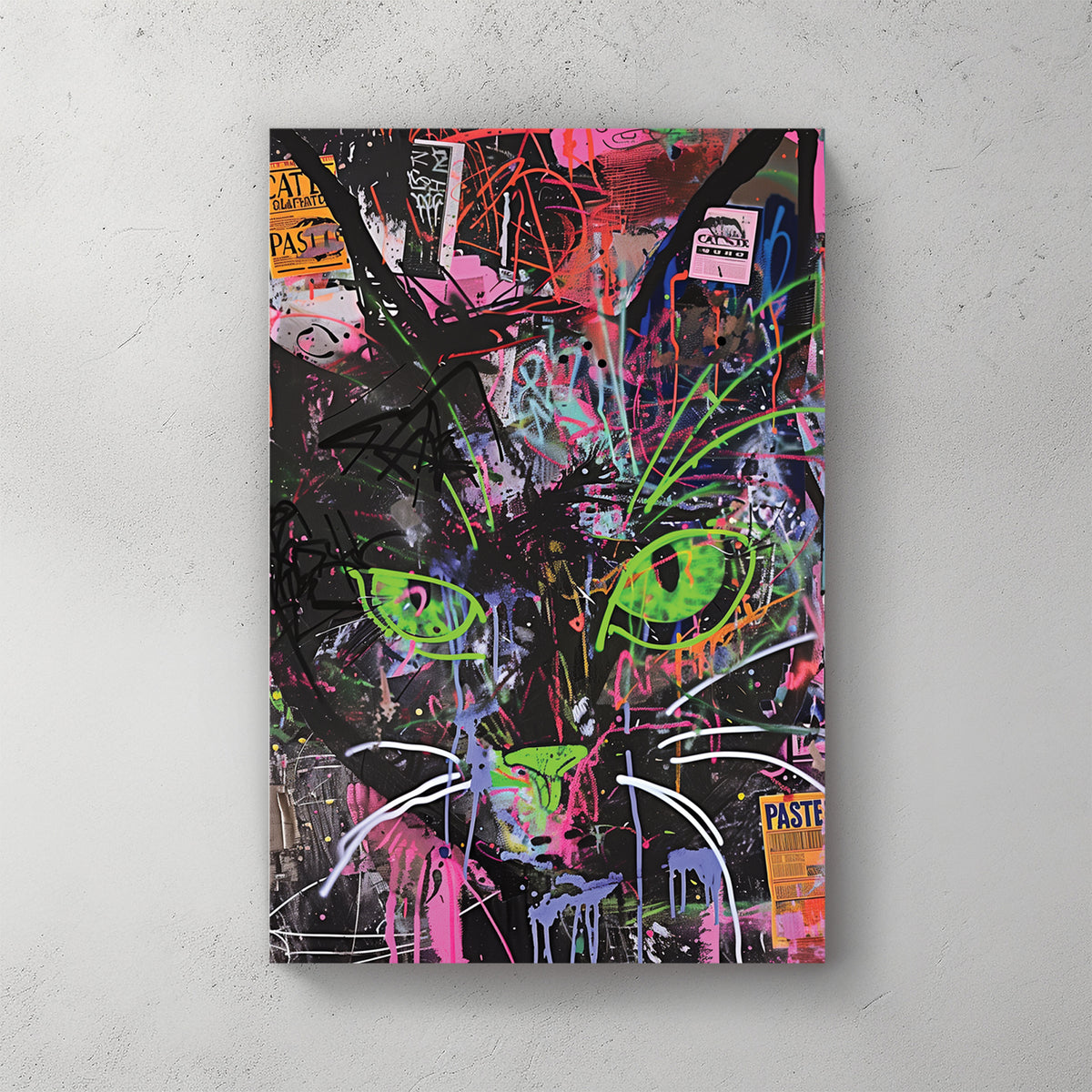 black cat with neon green eyes, hot pink and electric blue graffiti background, punk energy — canvas wall art print