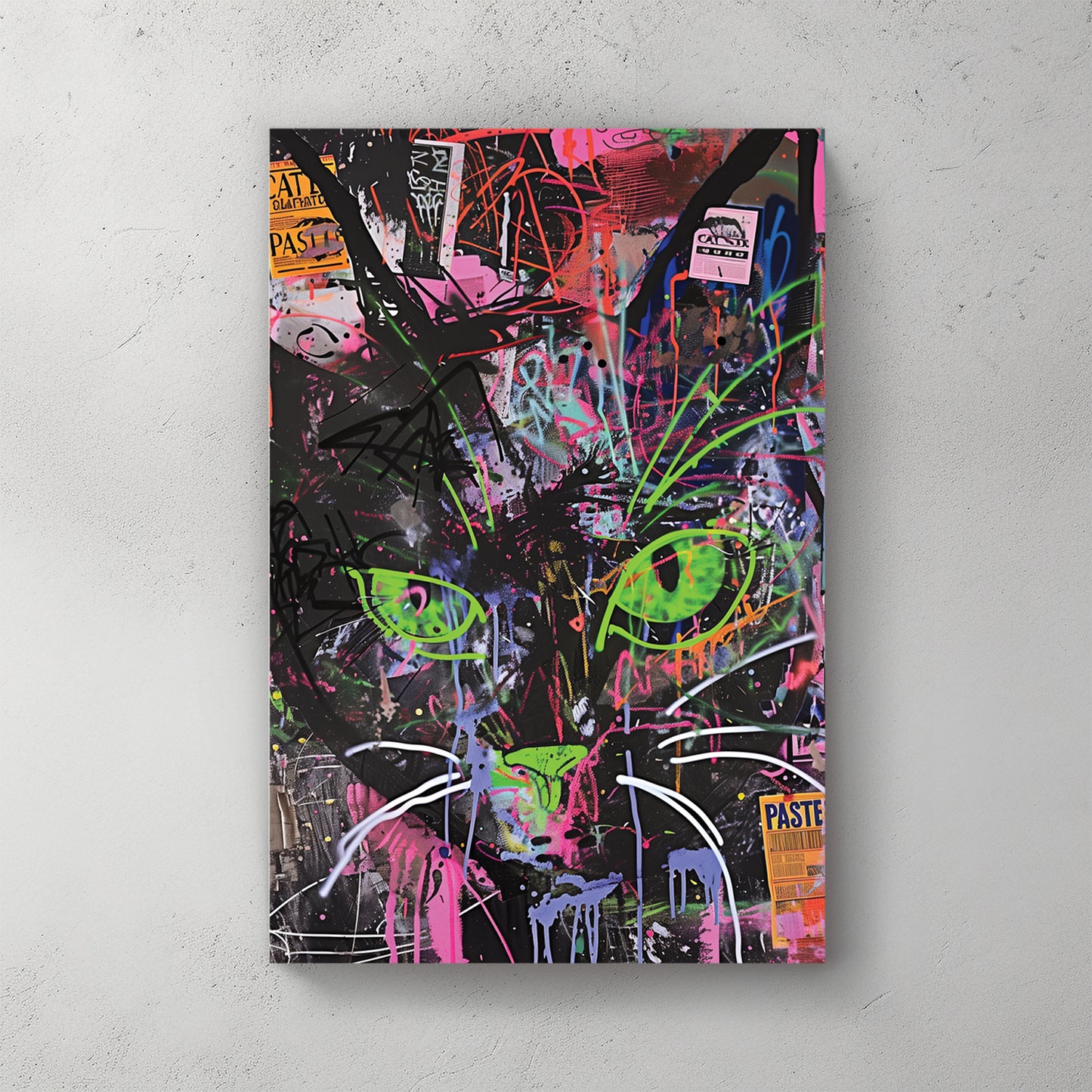 black cat with neon green eyes, hot pink and electric blue graffiti background, punk energy — canvas wall art print