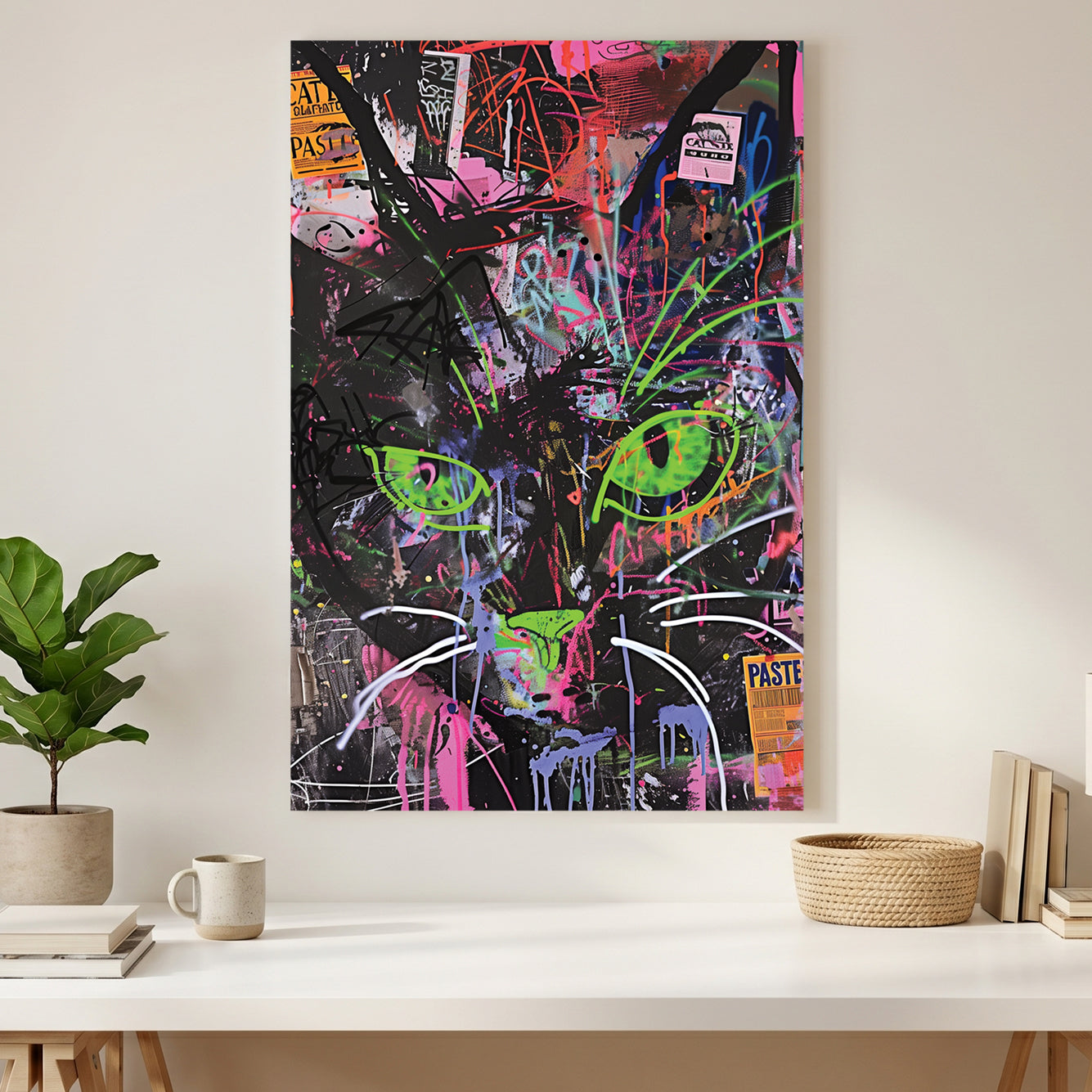 Neon Green Eyed Cat Graffiti canvas wall art print styled in a modern interior