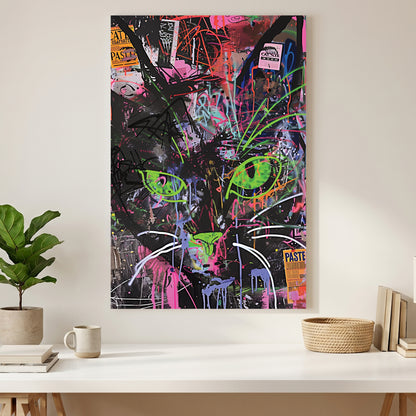 Neon Green Eyed Cat Graffiti canvas wall art print styled in a modern interior