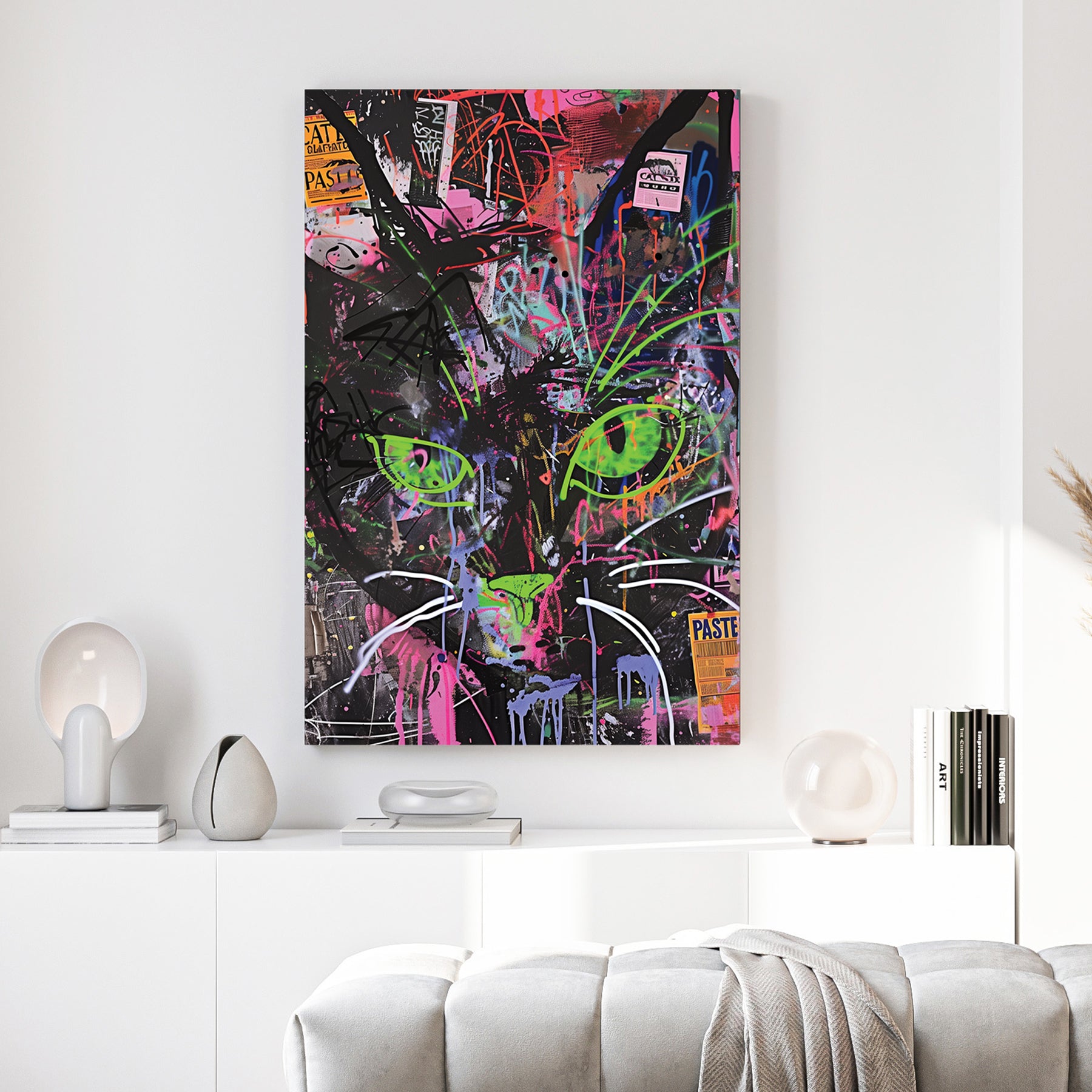 Neon Green Eyed Cat Graffiti canvas wall art print above a sofa in a contemporary living room