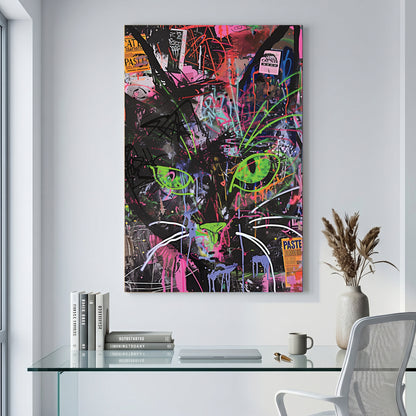 Neon Green Eyed Cat Graffiti canvas wall art print displayed in a styled living room