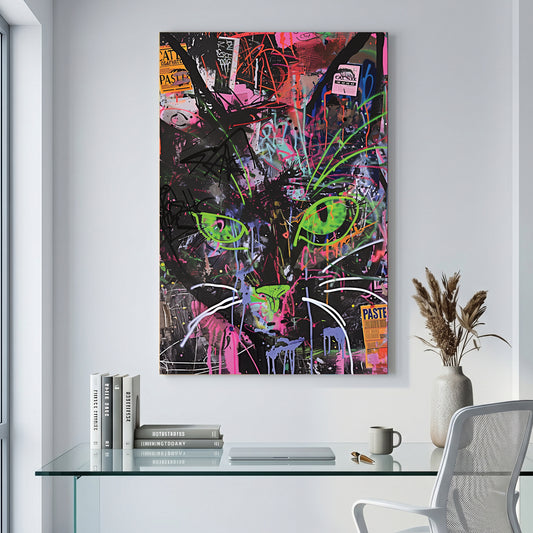 Neon Green Eyed Cat Graffiti canvas wall art print displayed in a styled living room