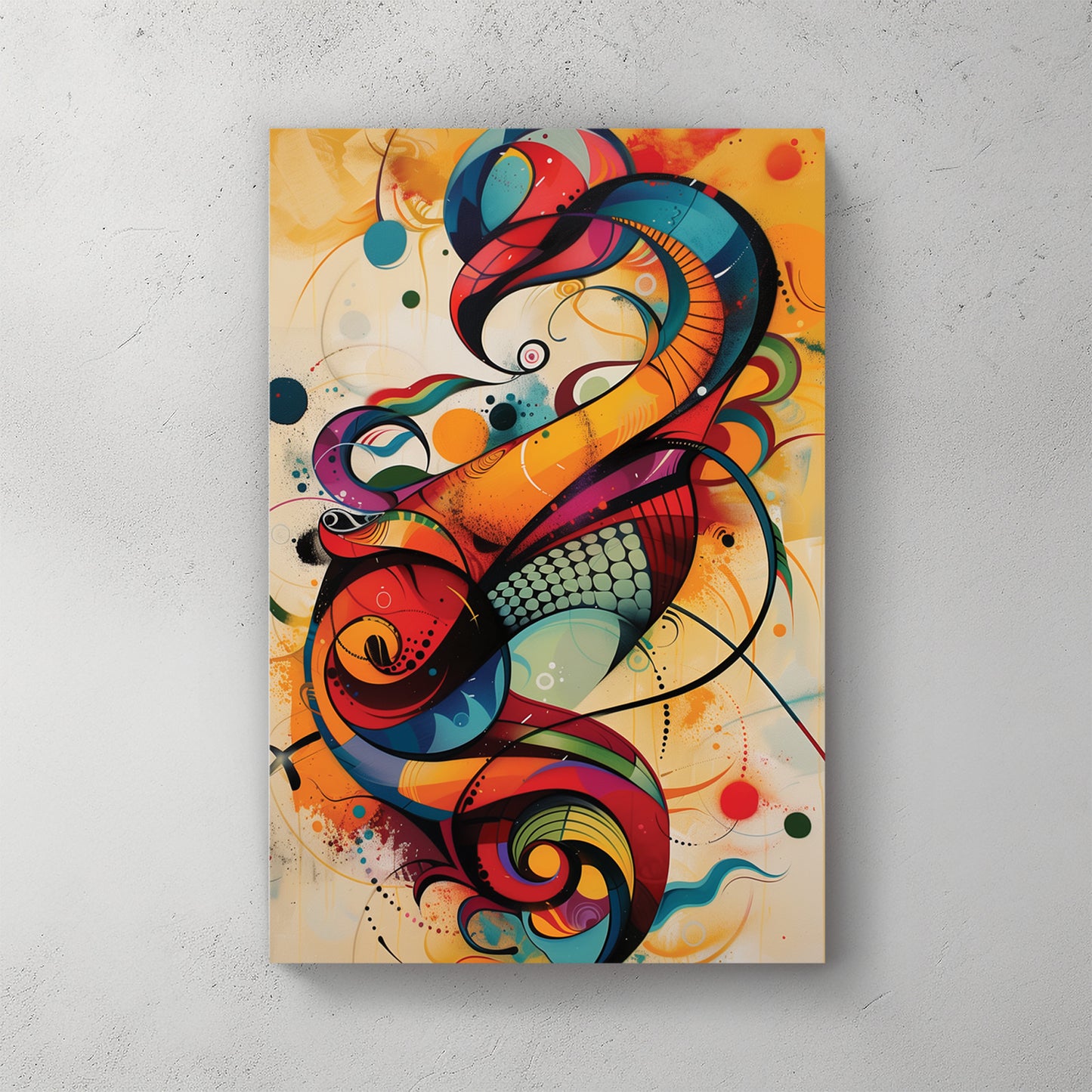 Vertical abstract calligraphy swirl, ribbons of red, blue, yellow, dot patterns, jazz energy — canvas wall art print
