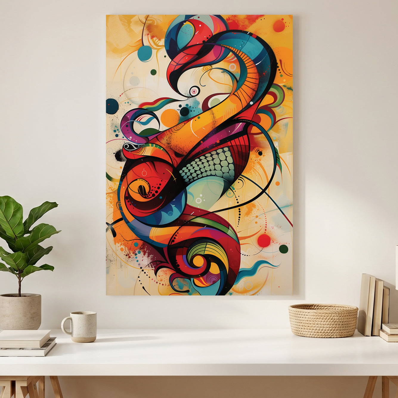 Colourful Abstract Calligraphy Swirl canvas wall art print styled in a modern interior