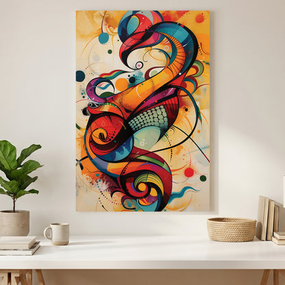 Colourful Abstract Calligraphy Swirl canvas wall art print styled in a modern interior