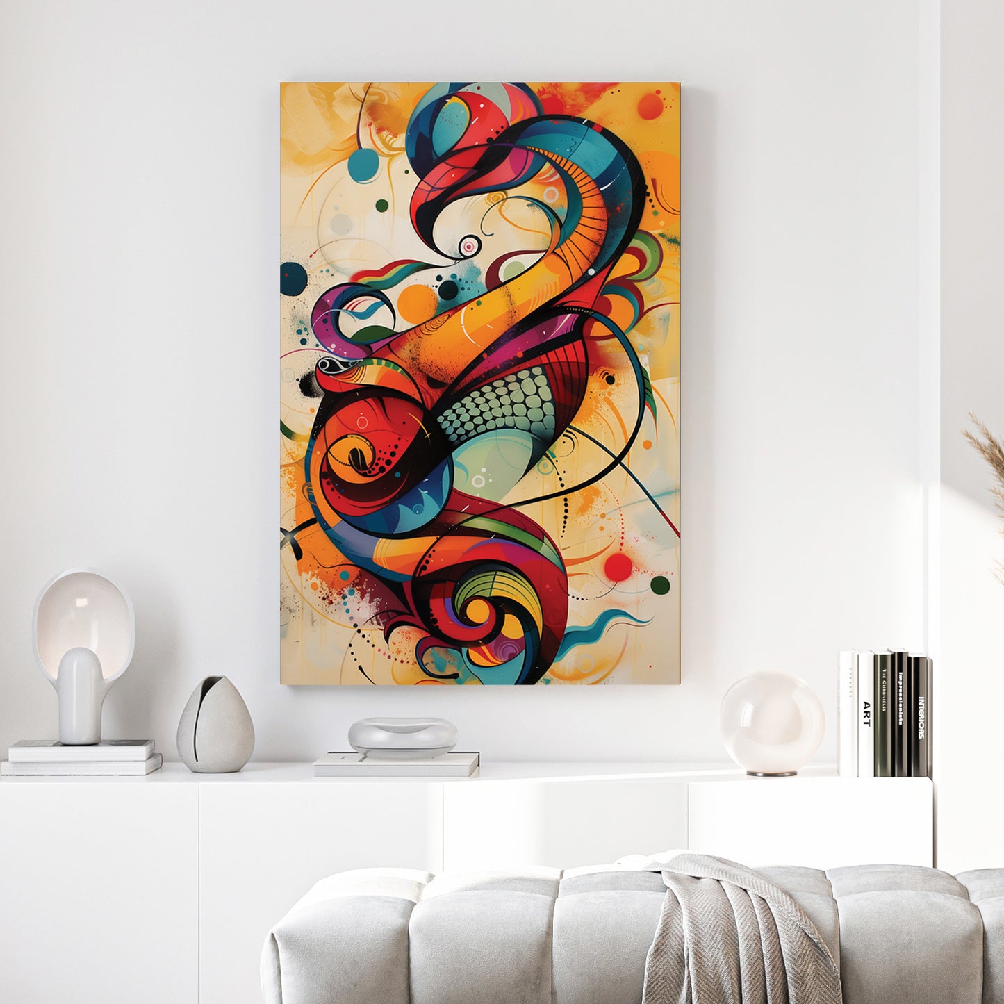 Colourful Abstract Calligraphy Swirl canvas wall art print above a sofa in a contemporary living room