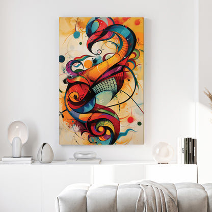 Colourful Abstract Calligraphy Swirl canvas wall art print above a sofa in a contemporary living room
