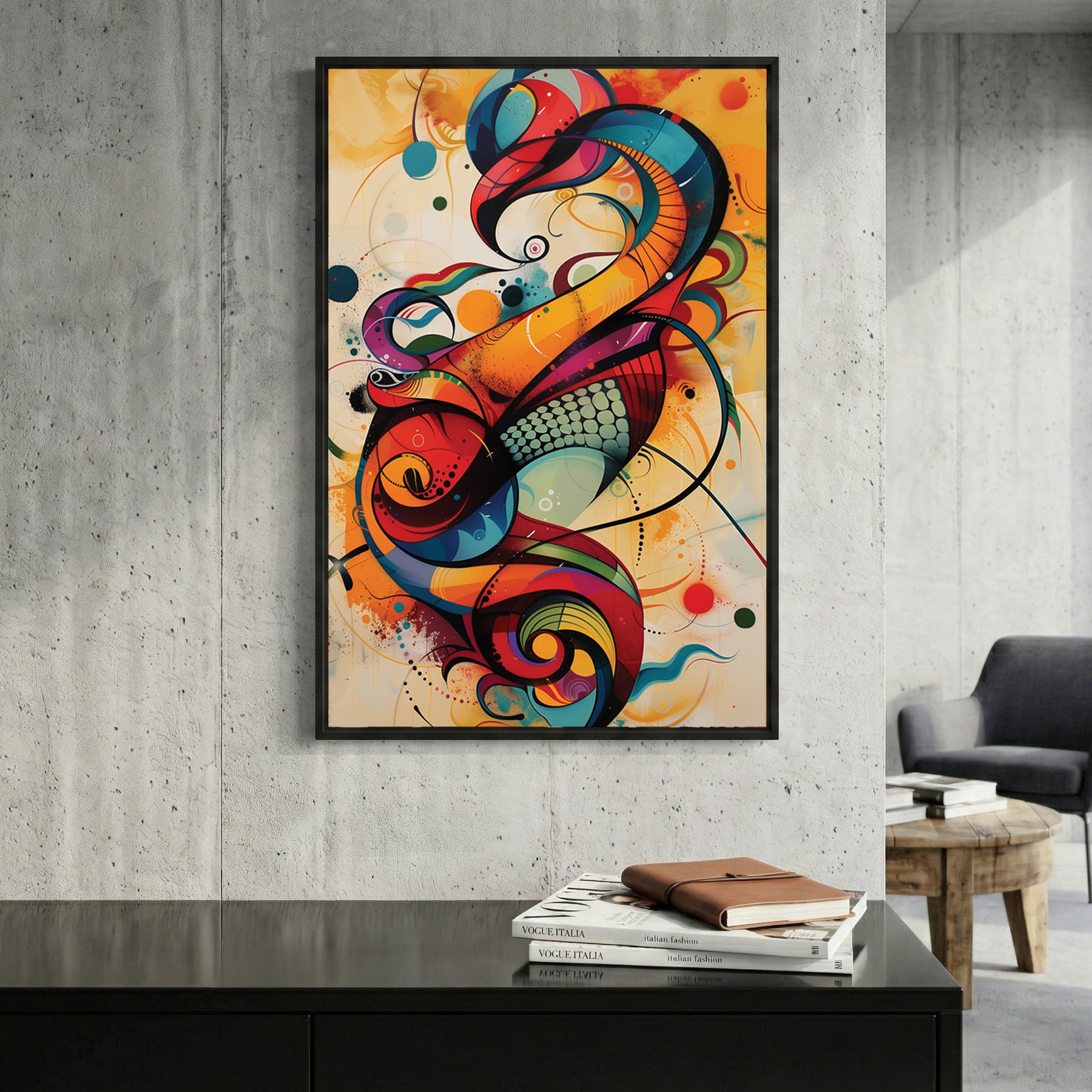 Colourful Abstract Calligraphy Swirl framed canvas wall art print in a gallery-style display
