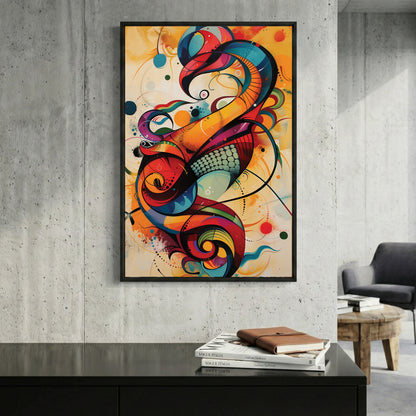 Colourful Abstract Calligraphy Swirl framed canvas wall art print in a gallery-style display
