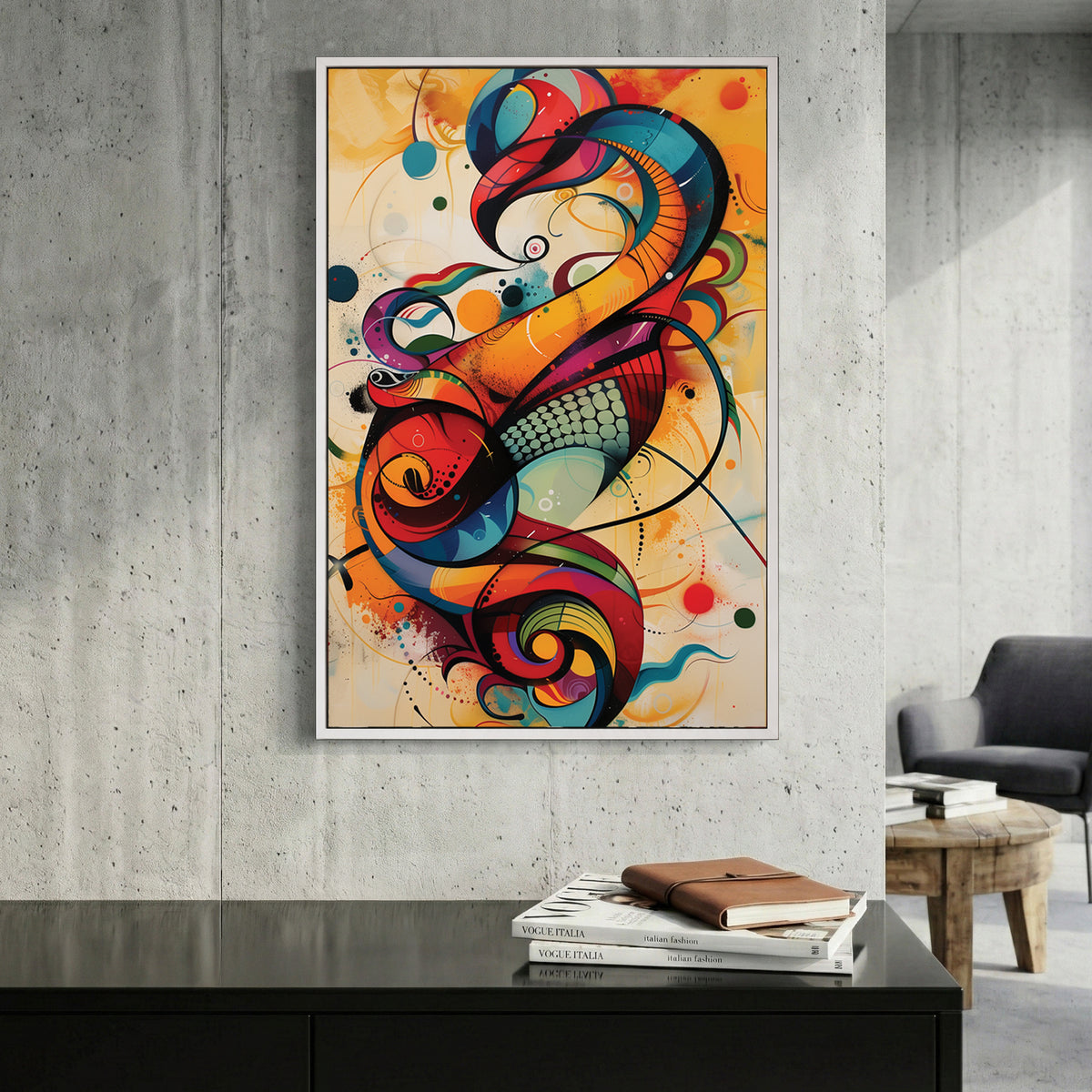 Colourful Abstract Calligraphy Swirl canvas wall art print displayed in a styled living room