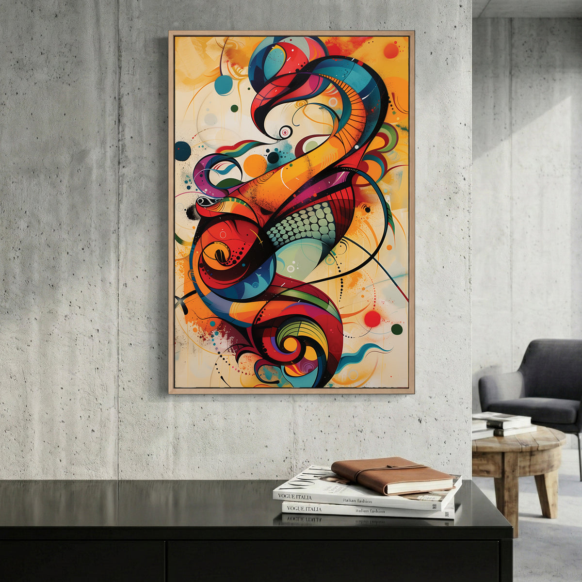 Colourful Abstract Calligraphy Swirl canvas wall art print displayed in a styled living room