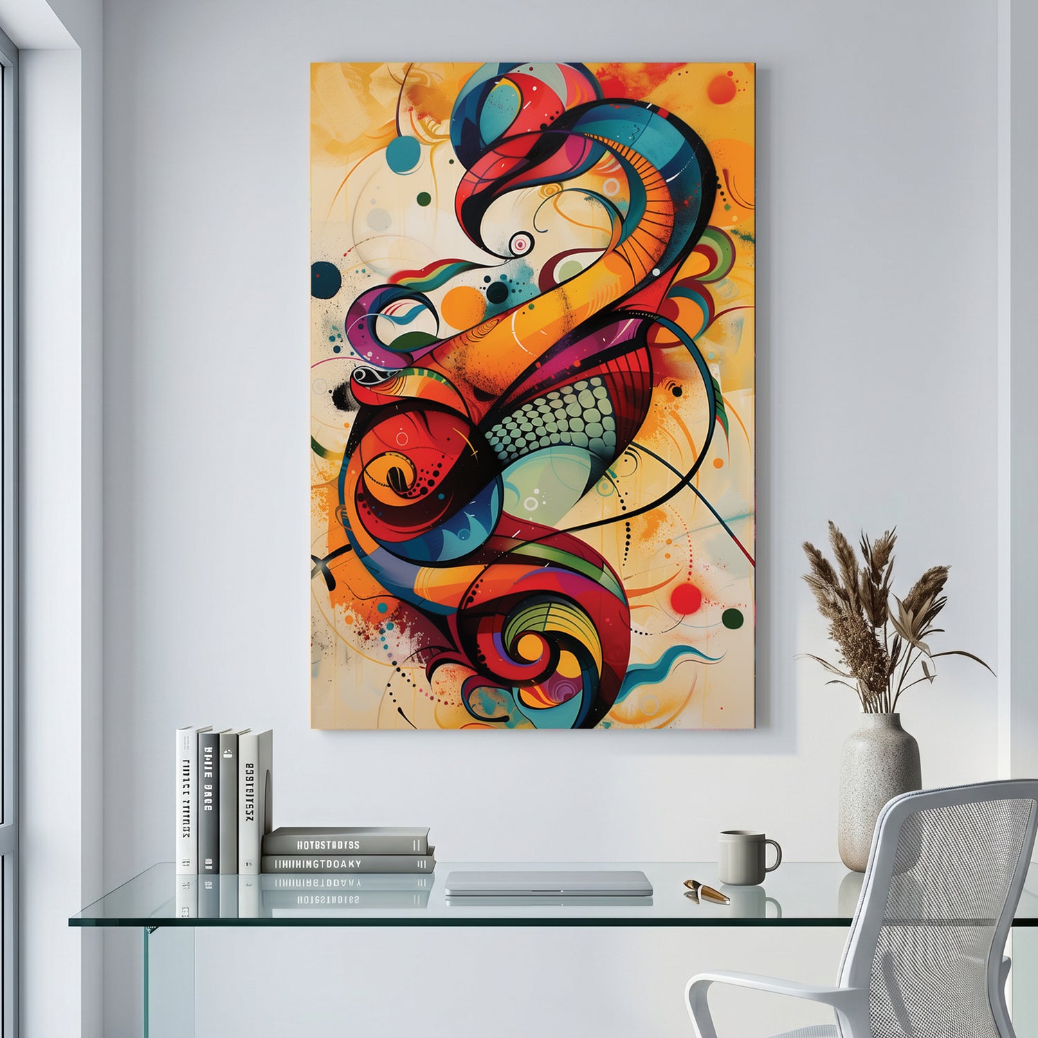 Colourful Abstract Calligraphy Swirl canvas wall art print displayed in a styled living room