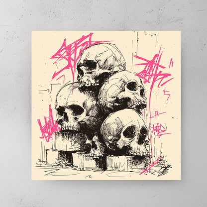 Pile of human skulls stacked on stone blocks, detailed black ink linework, hot pink graffiti tags overlaid on top, cream/beige background — canvas wall art print