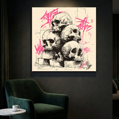 Graffiti Skulls Pile canvas wall art print styled in a modern interior