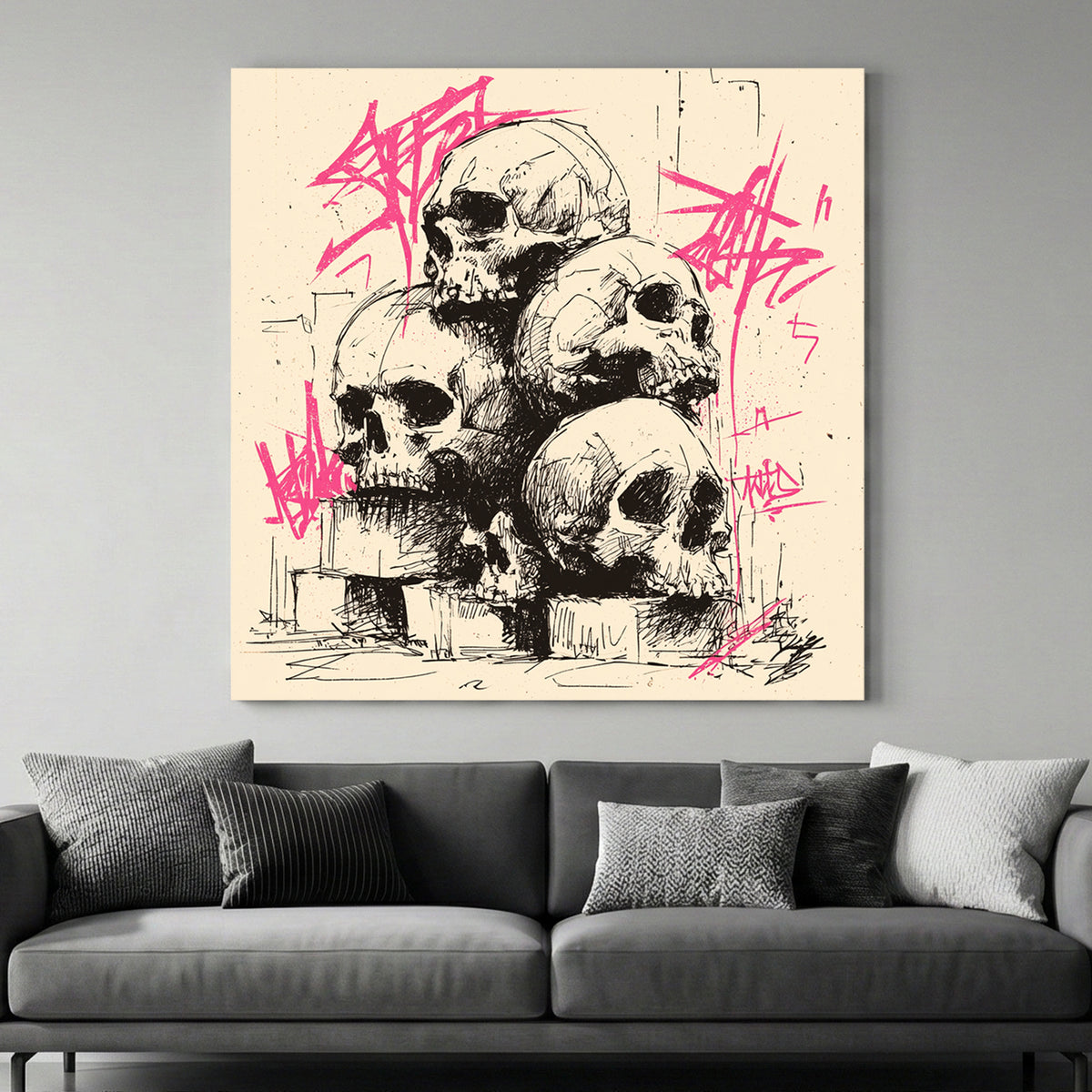 Graffiti Skulls Pile canvas wall art print above a sofa in a contemporary living room