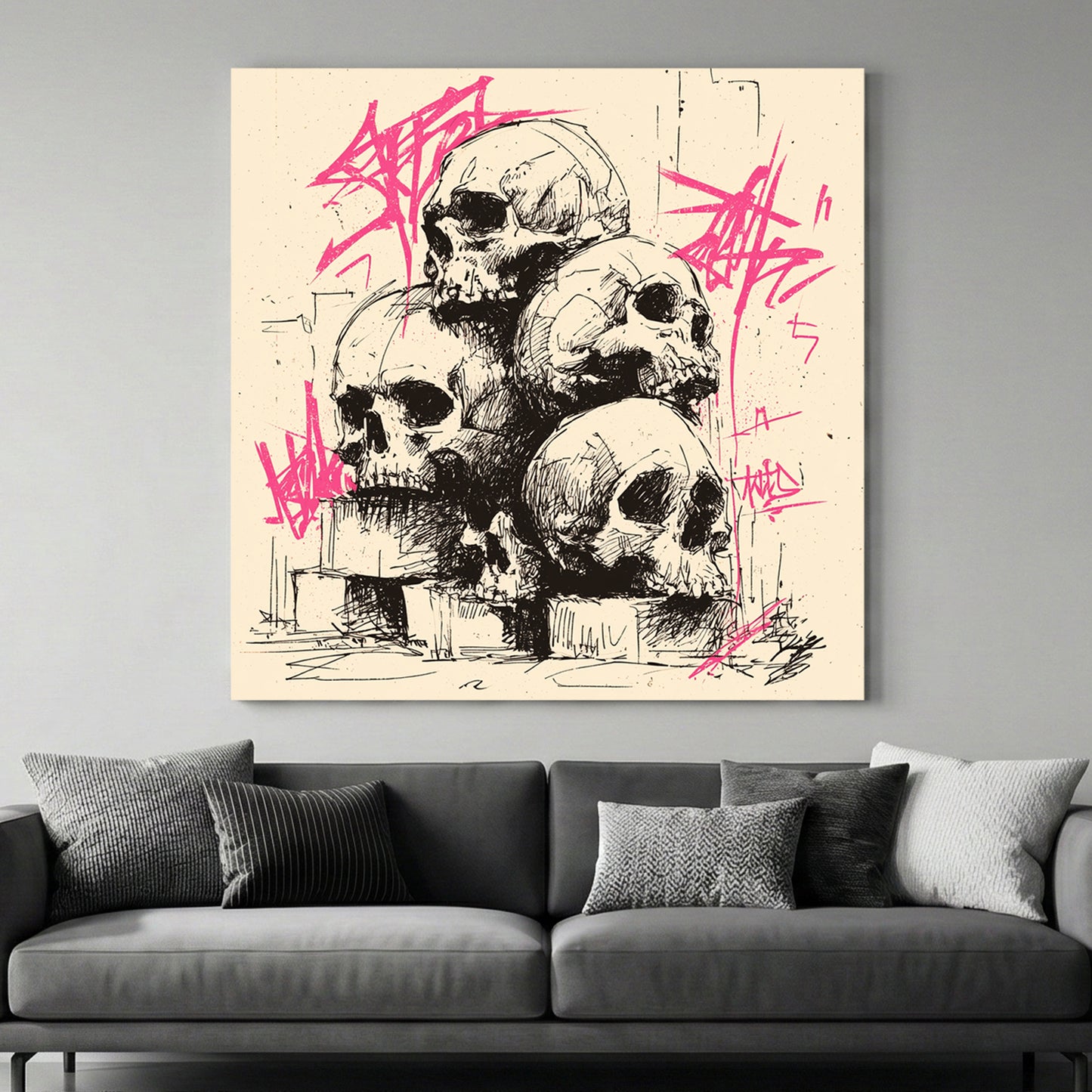 Graffiti Skulls Pile canvas wall art print above a sofa in a contemporary living room