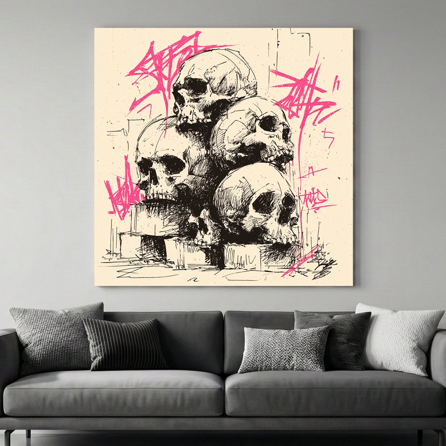 Graffiti Skulls Pile canvas wall art print above a sofa in a contemporary living room