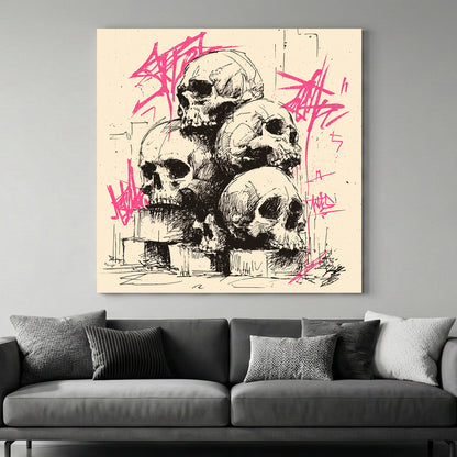 Graffiti Skulls Pile canvas wall art print above a sofa in a contemporary living room