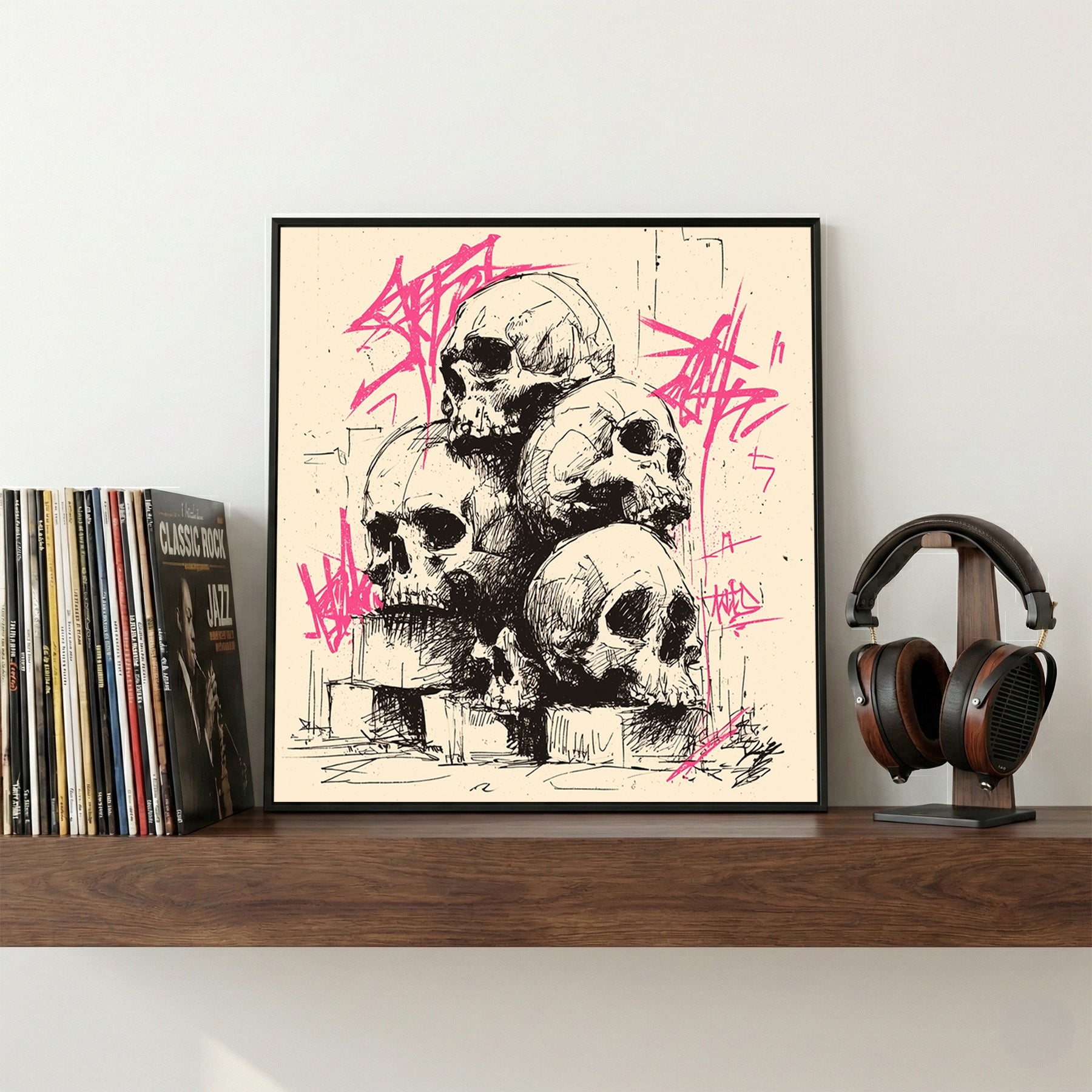 Graffiti Skulls Pile framed canvas wall art print in a gallery-style display