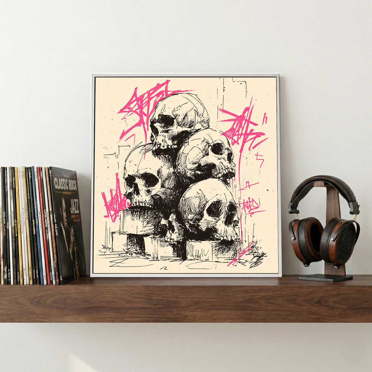 Graffiti Skulls Pile canvas wall art print displayed in a styled living room
