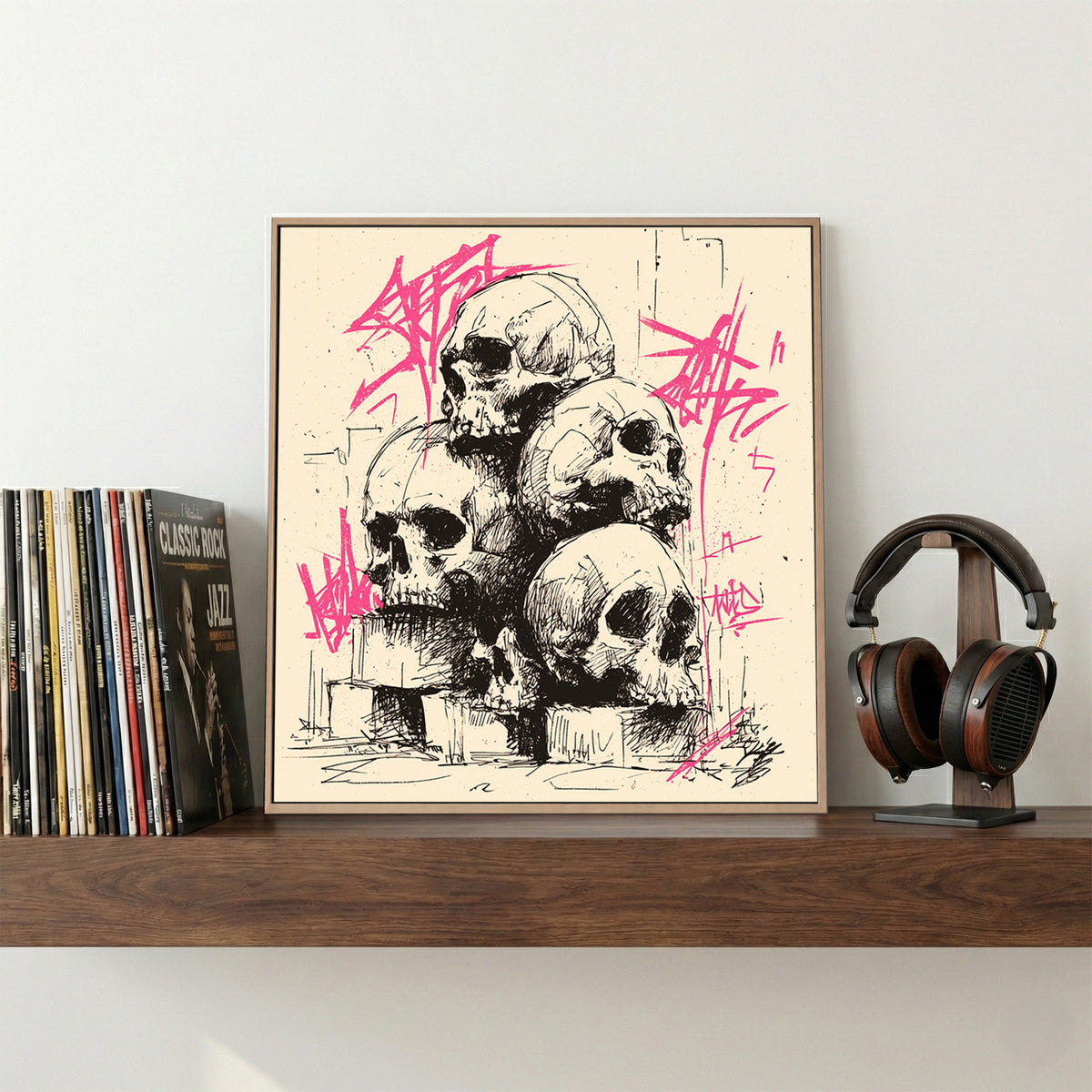 Graffiti Skulls Pile canvas wall art print displayed in a styled living room