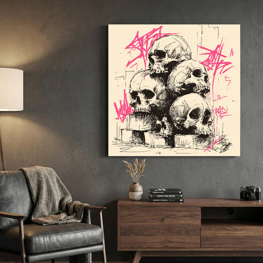 Graffiti Skulls Pile canvas wall art print displayed in a styled living room